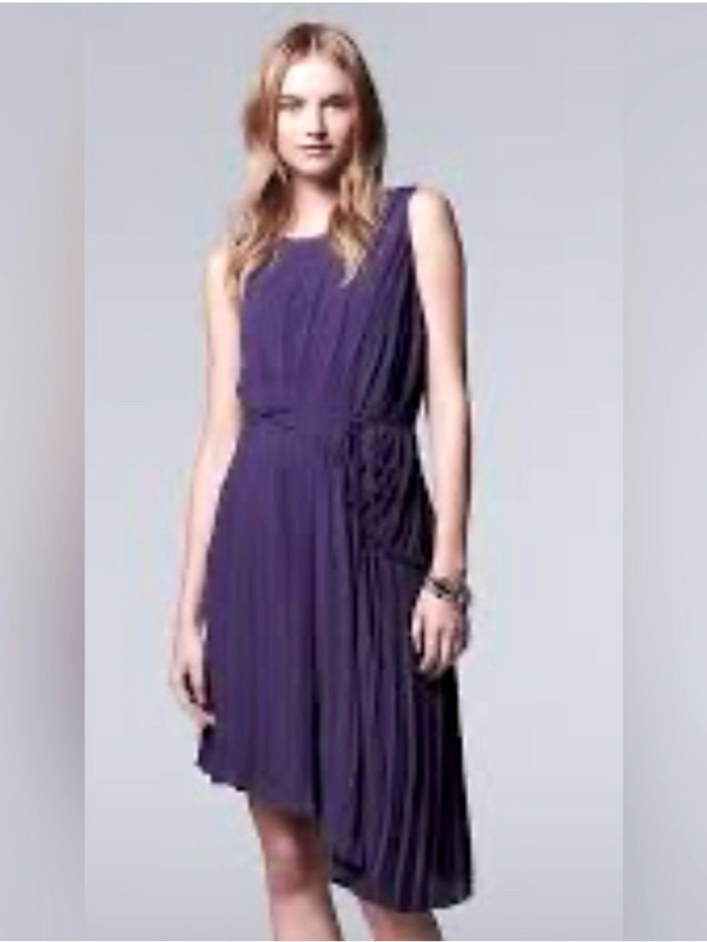 Simply Vera Vera Wang Pleated Asymmetrical Shift Dress in a deep plum purple